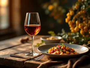 Glas amber natuurwijn naast modern gerecht op rustieke houten tafel met warme verlichting en wijngaard achtergrond