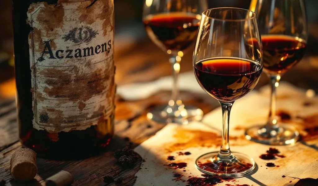 Oude wijnfles met afgebladderd etiket en glazen met geoxideerde wijn op rustiek hout, bruinachtige verkleuring zichtbaar