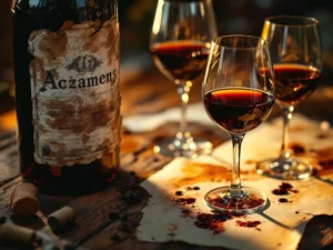 Oude wijnfles met afgebladderd etiket en glazen met geoxideerde wijn op rustiek hout, bruinachtige verkleuring zichtbaar