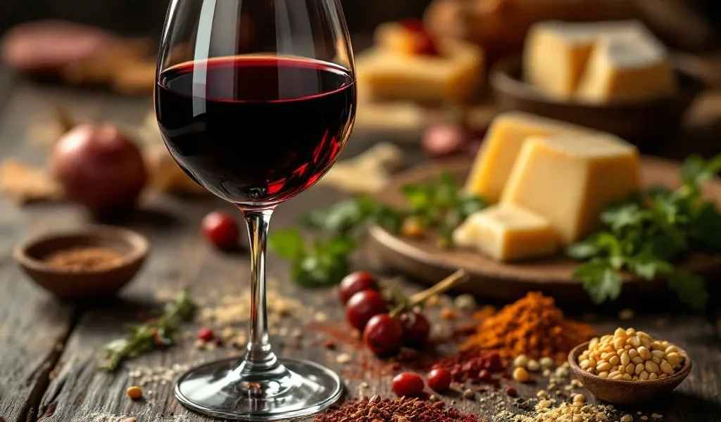 Wijnglas met rode wijn naast gourmet kaas, kruiden en specerijen op rustieke houten tafel met warme verlichting