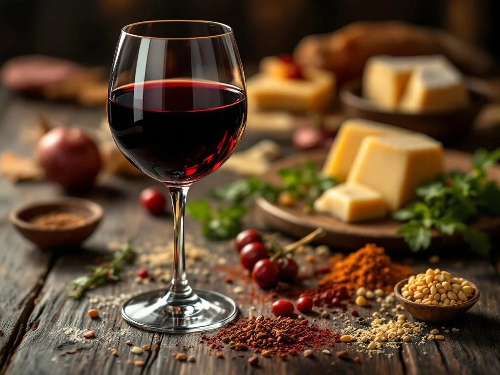 Wijnglas met rode wijn naast gourmet kaas, kruiden en specerijen op rustieke houten tafel met warme verlichting