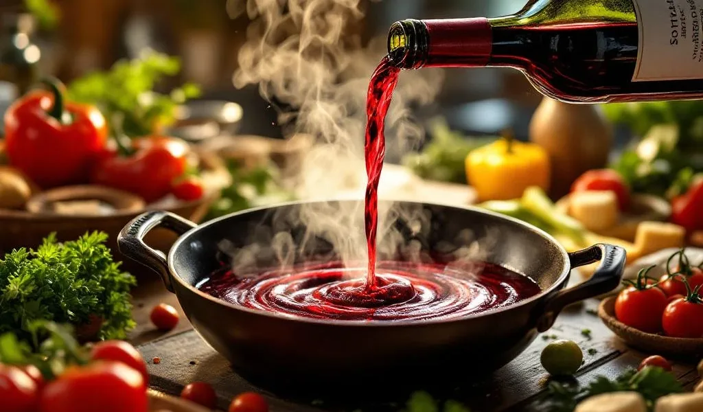 Rode wijn wordt gegoten in een pan met saus, omringd door verse kruiden en groenten in warme keukensfeer