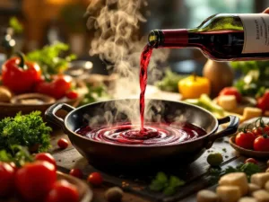 Rode wijn wordt gegoten in een pan met saus, omringd door verse kruiden en groenten in warme keukensfeer