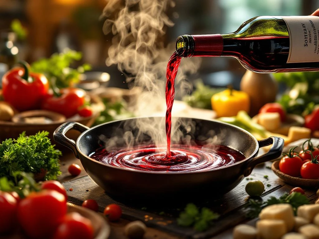 Rode wijn wordt gegoten in een pan met saus, omringd door verse kruiden en groenten in warme keukensfeer