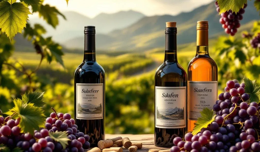 Wijnflessen met kurken op houten tafel omringd door druiventrossen met Andes bergen op achtergrond