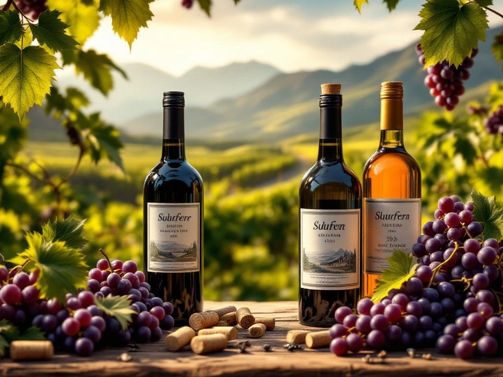 Wijnflessen met kurken op houten tafel omringd door druiventrossen met Andes bergen op achtergrond