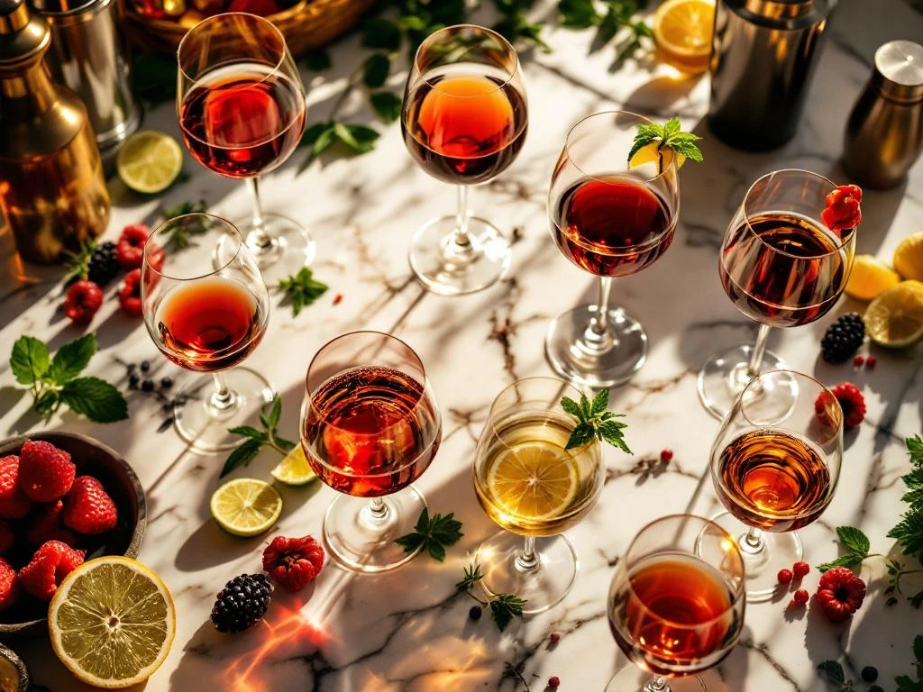 south-american-wine-cocktails-marble-countertop.jpg Acht wijnglazen met Zuid-Amerikaanse wijnen op marmeren aanrecht, omringd door cocktailingrediënten en bartools