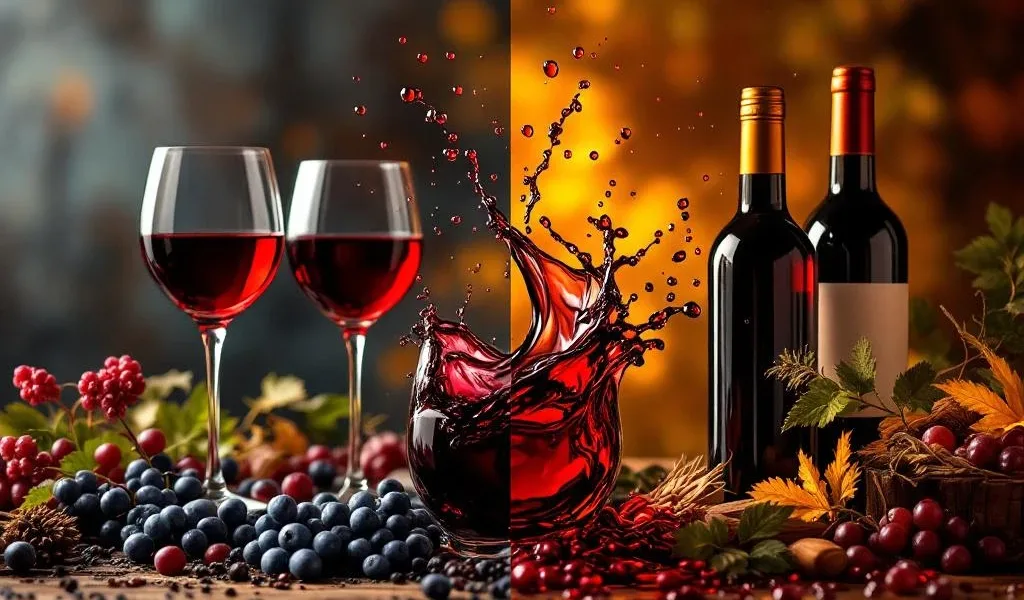 Split-screen vergelijking van Nederlandse en Zuid-Amerikaanse wijnculturen met wijnglasplons als natuurlijke scheiding