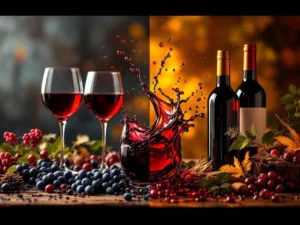 Split-screen vergelijking van Nederlandse en Zuid-Amerikaanse wijnculturen met wijnglasplons als natuurlijke scheiding