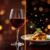 Glas rode wijn en gastronomisch gerecht verbonden door holografische AI-elementen voor intelligente wijnspijs combinaties