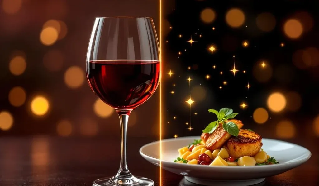 Glas rode wijn en gastronomisch gerecht verbonden door holografische AI-elementen voor intelligente wijnspijs combinaties