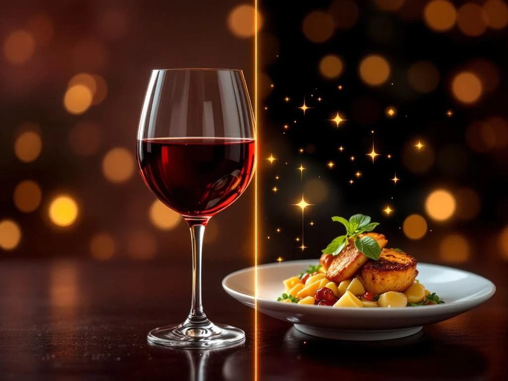 ai-wijn-spijs-pairing-holografisch-interface.jpg Glas rode wijn en gastronomisch gerecht verbonden door holografische AI-elementen voor intelligente wijnspijs combinaties