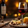 Glas rode wijn naast umami-rijke gerechten zoals gerijpte parmezaan en shiitake paddenstoelen op rustiek hout