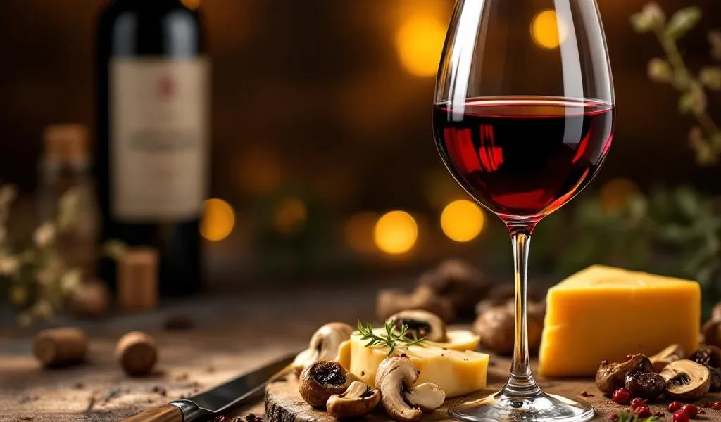 Glas rode wijn naast umami-rijke gerechten zoals gerijpte parmezaan en shiitake paddenstoelen op rustiek hout