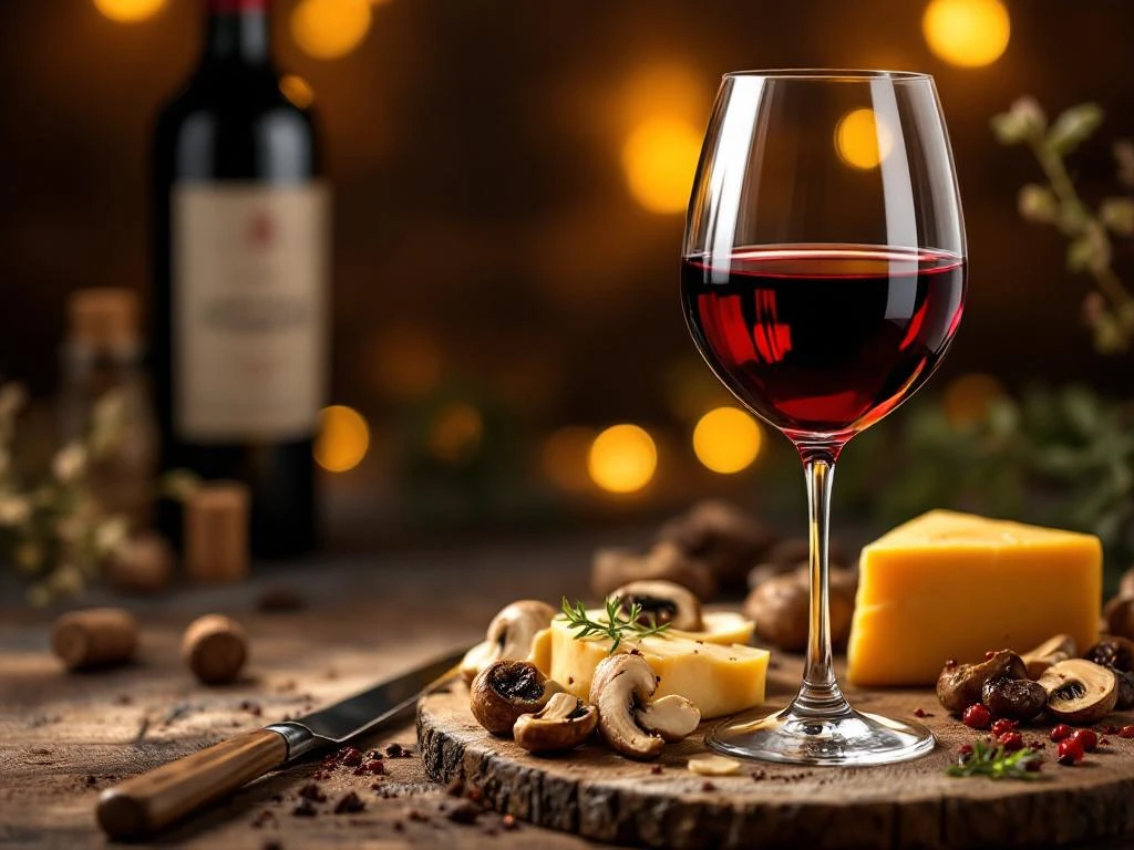 Glas rode wijn naast umami-rijke gerechten zoals gerijpte parmezaan en shiitake paddenstoelen op rustiek hout