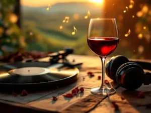 Glas rode wijn naast vintage vinylplaten en koptelefoon op houten tafel met warme verlichting en muzieknoten