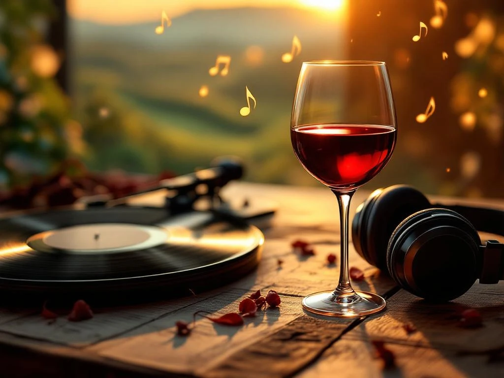 Glas rode wijn naast vintage vinylplaten en koptelefoon op houten tafel met warme verlichting en muzieknoten