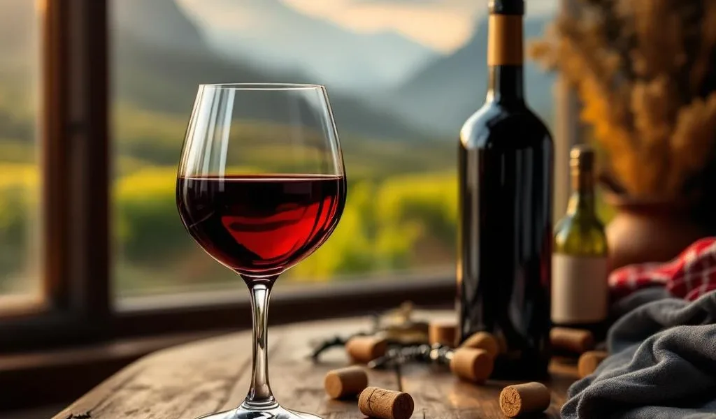 Elegant wijnglas met dieprode Zuid-Amerikaanse wijn op rustieke houten tafel met Nederlandse en Peruaanse elementen