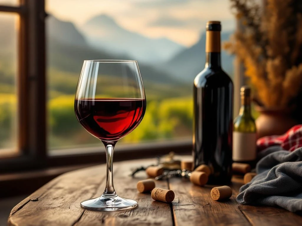 zuid-amerikaanse-wijn-glas-nederlandse-vlag-proeverij.jpg Elegant wijnglas met dieprode Zuid-Amerikaanse wijn op rustieke houten tafel met Nederlandse en Peruaanse elementen