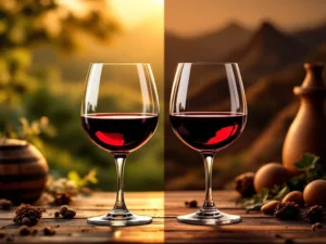 Twee elegante wijnglazen met Noord- en Zuid-Amerikaanse wijn, omgeven door vaten, heuvels en terracotta potten