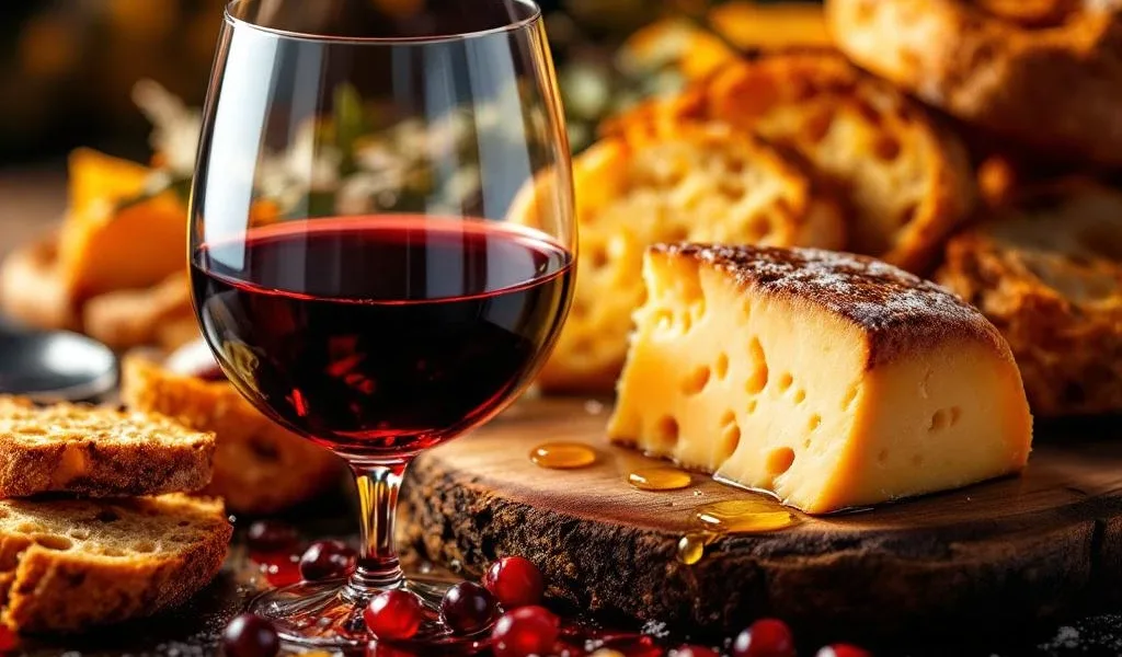 Kristallen wijnglas met rode wijn naast artisanale kaas, knapperig brood en olijfolie op rustiek hout