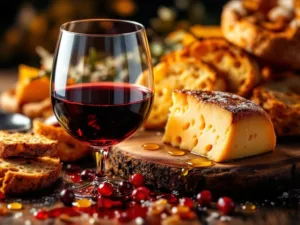 Kristallen wijnglas met rode wijn naast artisanale kaas, knapperig brood en olijfolie op rustiek hout