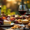 Elegante wijn en kaas pairing met rode wijn, charcuterie en brood op houten tafel met warme verlichting