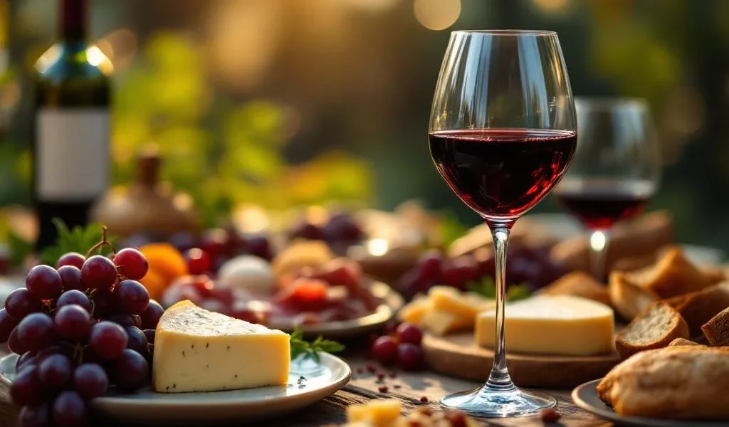 Elegante wijn en kaas pairing met rode wijn, charcuterie en brood op houten tafel met warme verlichting