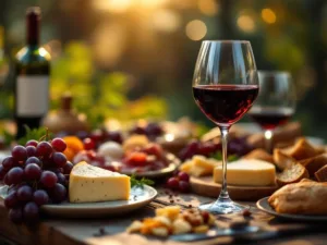 Elegante wijn en kaas pairing met rode wijn, charcuterie en brood op houten tafel met warme verlichting