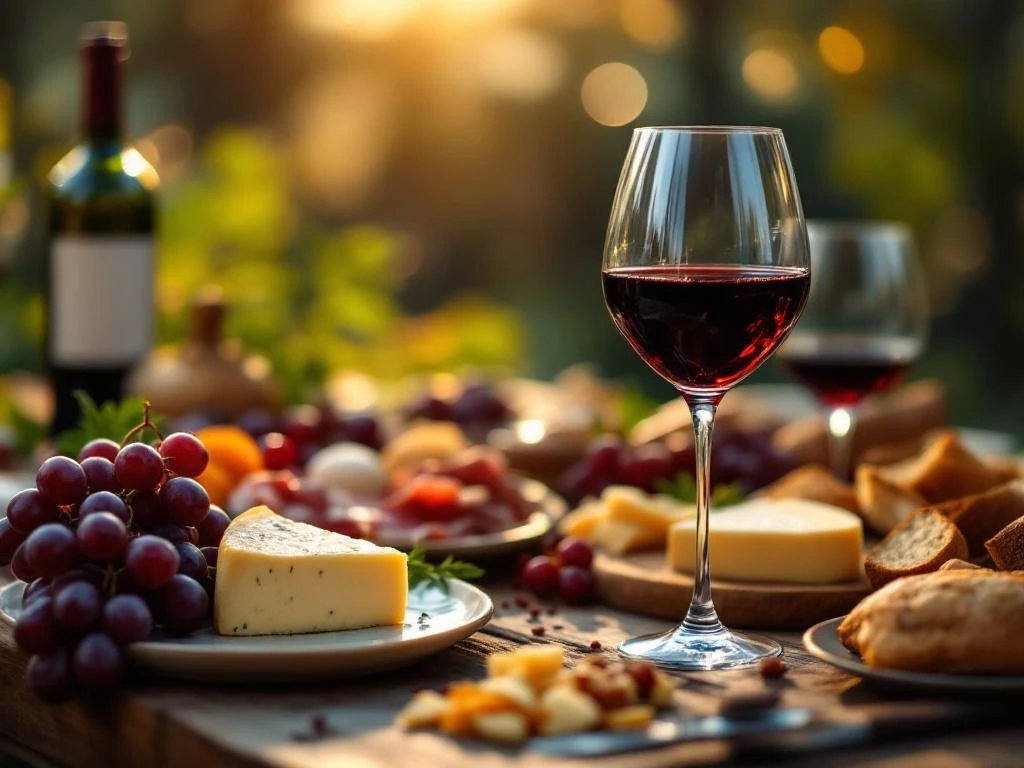 Elegante wijn en kaas pairing met rode wijn, charcuterie en brood op houten tafel met warme verlichting