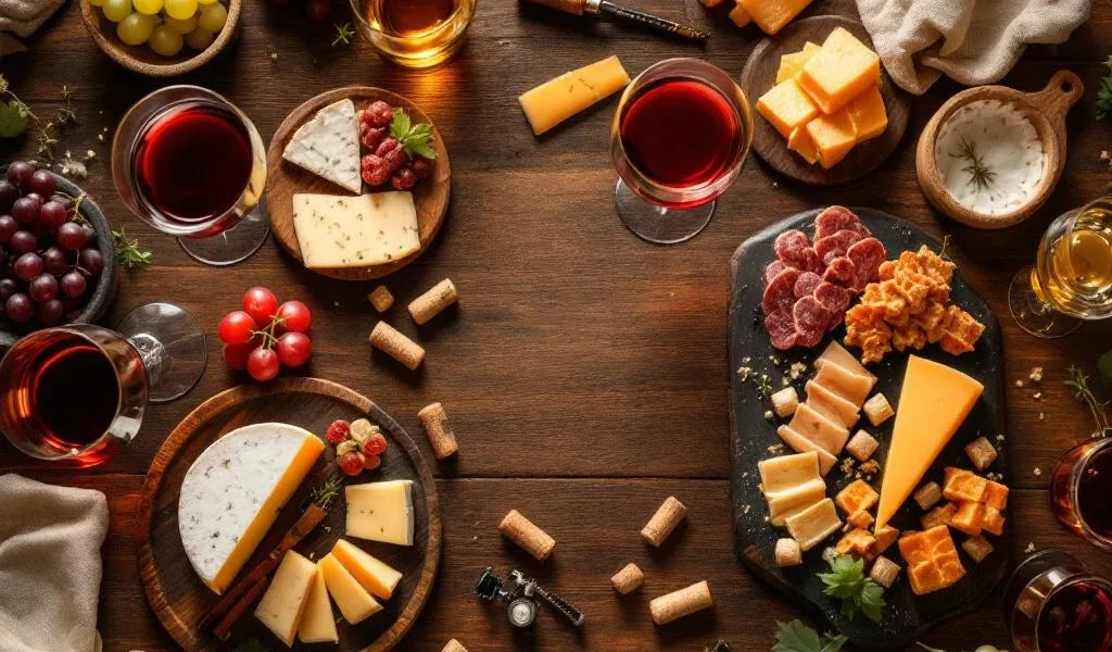 Luxe wijntafel van bovenaf met rode en witte wijn, kazen, charcuterie en hapjes op donker hout