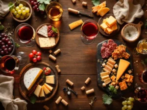 Luxe wijntafel van bovenaf met rode en witte wijn, kazen, charcuterie en hapjes op donker hout