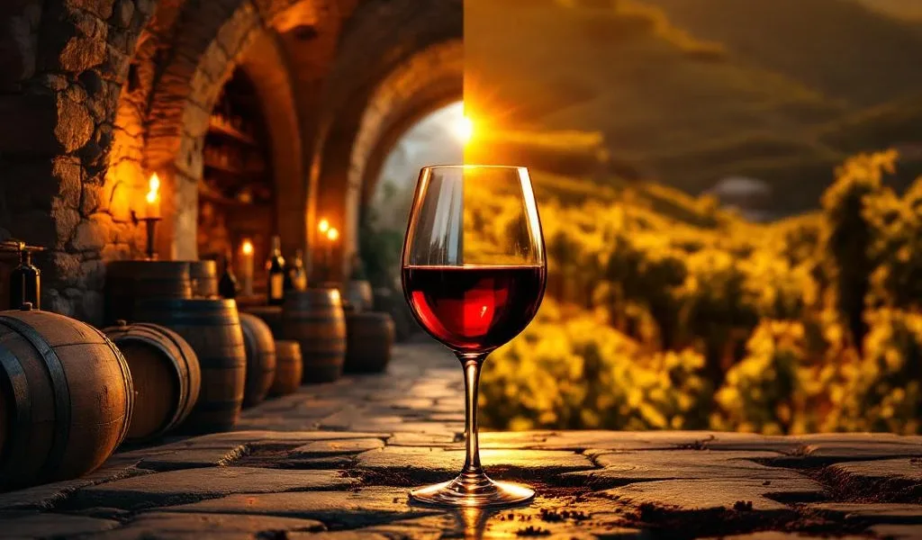 Wijnglas verdeelt oude Europese wijnkelder met houten vaten en moderne Zuid-Amerikaanse wijngaard met terrassen in zonlicht