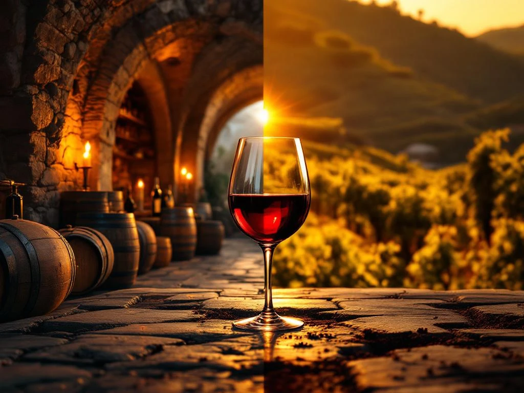 oude-versus-nieuwe-wereld-wijn-regio-vergelijking.jpg Wijnglas verdeelt oude Europese wijnkelder met houten vaten en moderne Zuid-Amerikaanse wijngaard met terrassen in zonlicht