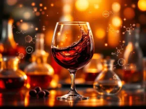 Rode wijn draait in kristalglas met moleculaire structuren en laboratoriumapparatuur op achtergrond voor smaakonderzoek