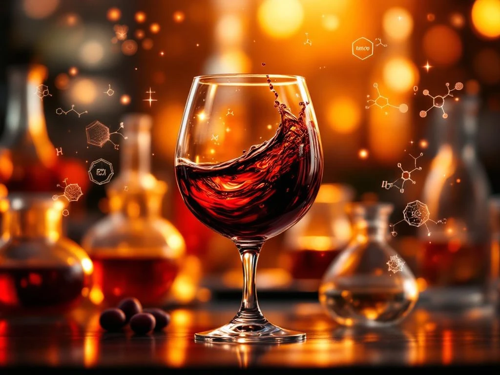 Rode wijn draait in kristalglas met moleculaire structuren en laboratoriumapparatuur op achtergrond voor smaakonderzoek
