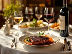Elegante eettafel toont verkeerde wijn-spijs combinaties: witte wijn bij rood vlees en rode wijn bij zeevruchten