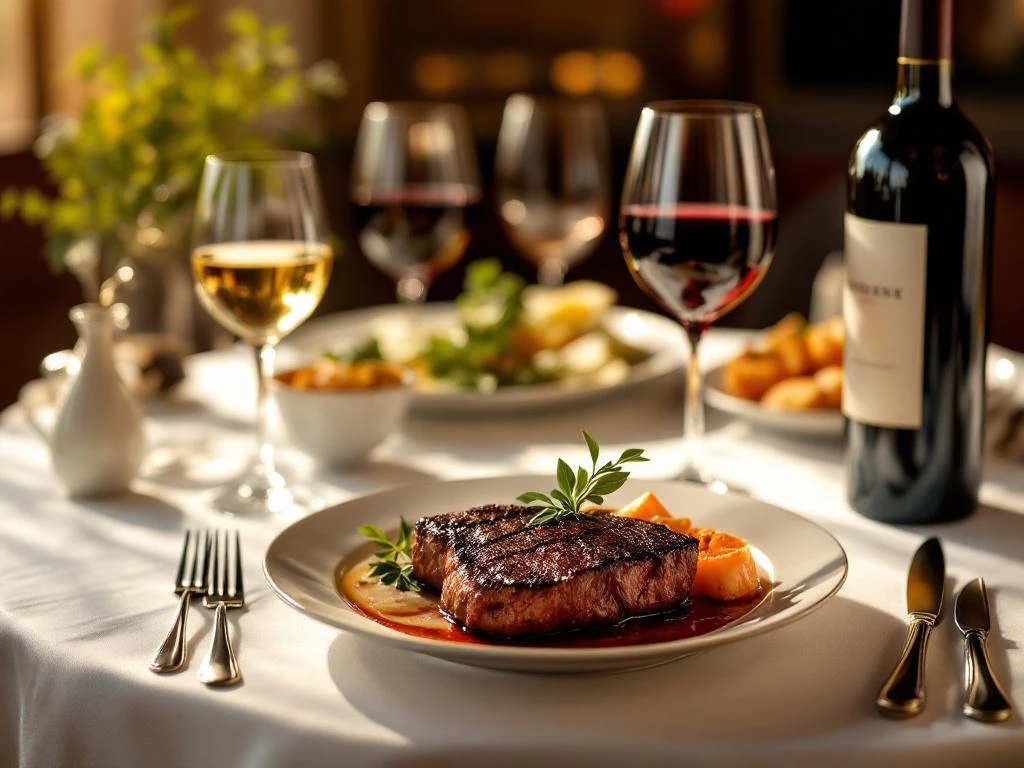 wijn-spijs-combinatie-fouten-elegant-diner.jpg Elegante eettafel toont verkeerde wijn-spijs combinaties: witte wijn bij rood vlees en rode wijn bij zeevruchten
