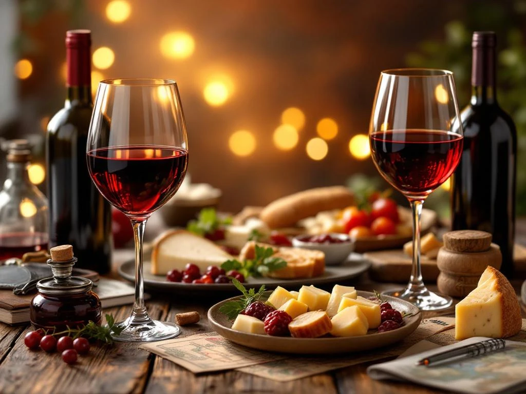 wijn-spijs-combinatie-gourmet-kaas-charcuterie.jpg Wijnproeverij opstelling met rode en witte wijnen, kazen, vleeswaren en brood op rustieke houten tafel