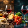 Rode wijn met goede en slechte voedselcombinaties: kaas en chocolade versus curry en citrus in split-screen compositie