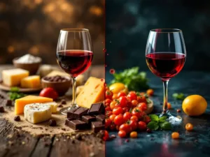 Rode wijn met goede en slechte voedselcombinaties: kaas en chocolade versus curry en citrus in split-screen compositie