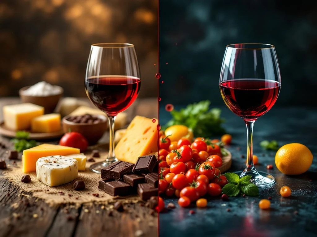 Rode wijn met goede en slechte voedselcombinaties: kaas en chocolade versus curry en citrus in split-screen compositie