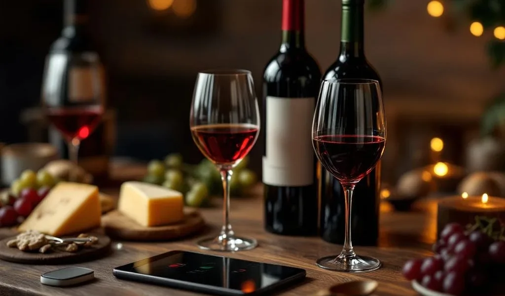 Luxe wijn en kaas proeverij met rode en witte wijnen, artisanale kazen, druiven en moderne wijn-apps op tablet