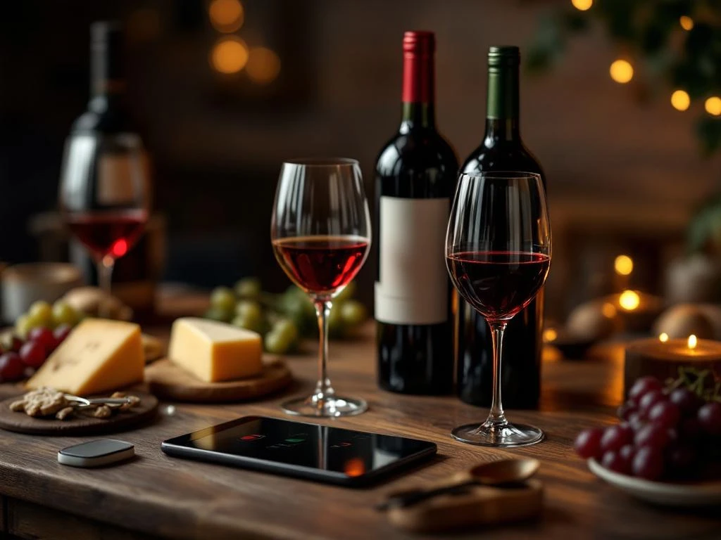 wijn-spijs-pairing-digitale-tools-luxe-tafel.jpg Luxe wijn en kaas proeverij met rode en witte wijnen, artisanale kazen, druiven en moderne wijn-apps op tablet