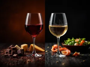Wijn en spijs pairing: rode wijn met donkere chocolade links, witte wijn met zeevruchten rechts op elegante houten tafel