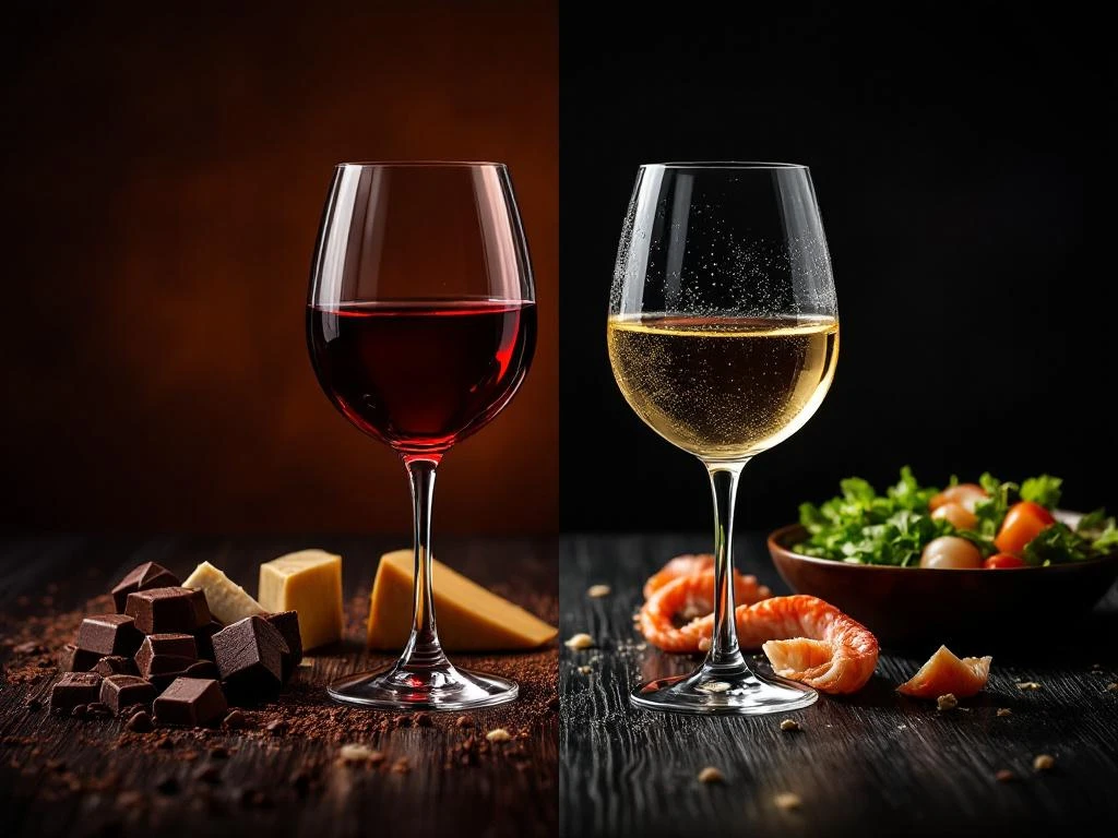 Wijn en spijs pairing: rode wijn met donkere chocolade links, witte wijn met zeevruchten rechts op elegante houten tafel