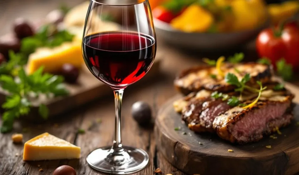 Glas rode wijn naast gourmetgerechten met kaas, kruiden en gegrild vlees op houten tafel in warm licht