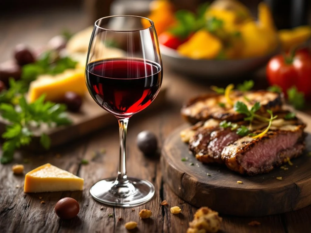 Glas rode wijn naast gourmetgerechten met kaas, kruiden en gegrild vlees op houten tafel in warm licht