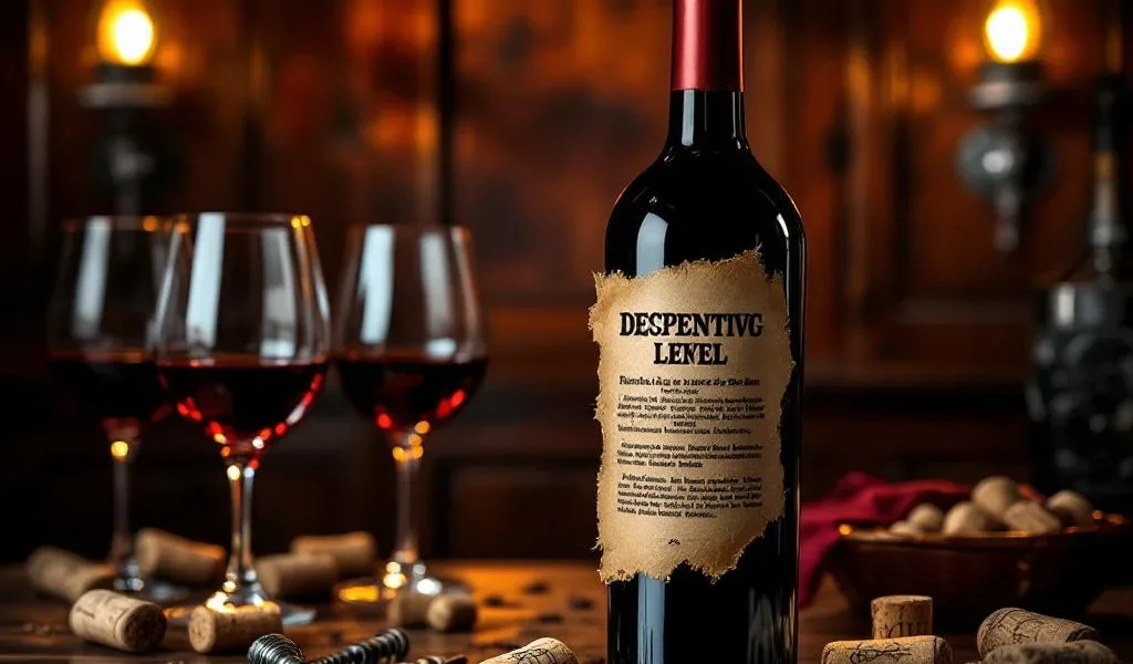 Wijnfles met gescheurde etiket die bedrieglijke tekst onthult, omringd door wijnglazen en kurken op mahoniehout