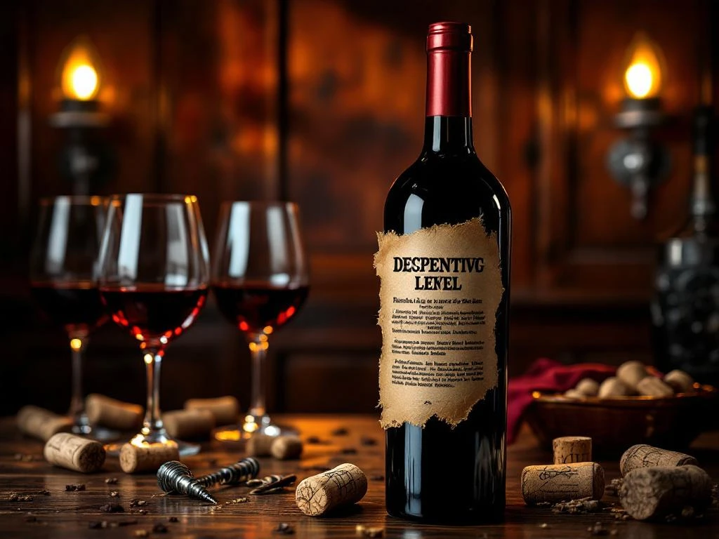 Wijnfles met gescheurde etiket die bedrieglijke tekst onthult, omringd door wijnglazen en kurken op mahoniehout